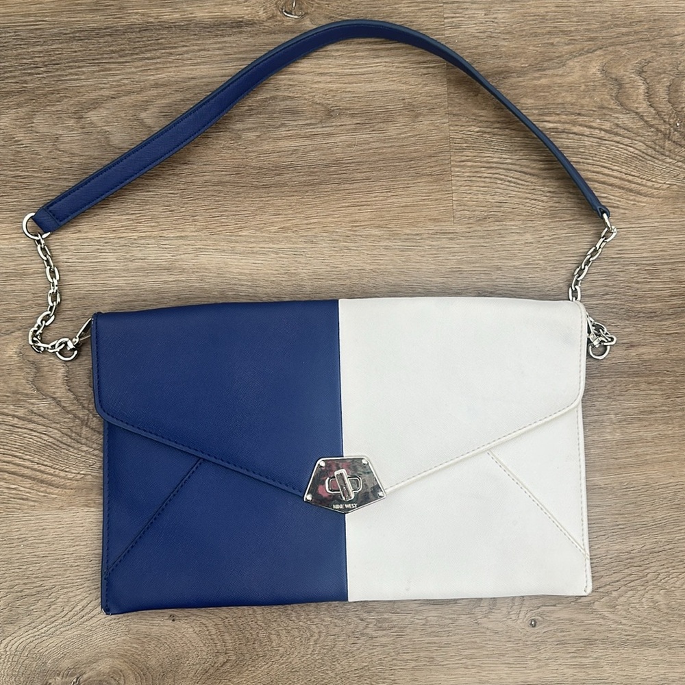 NINE WEST Vintage Inspired Color Block Envelope Bag Blue White Shoulder & Clutch